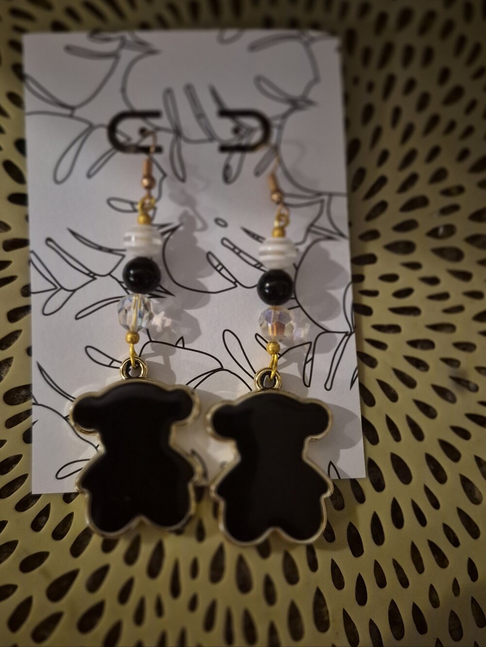 Handmade Black Teddy Drop Earrings - Gold Trim